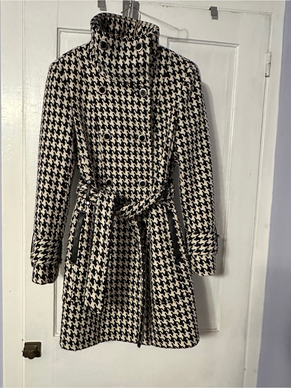 Calvin Klein Black and White Houndstooth Trench Coat